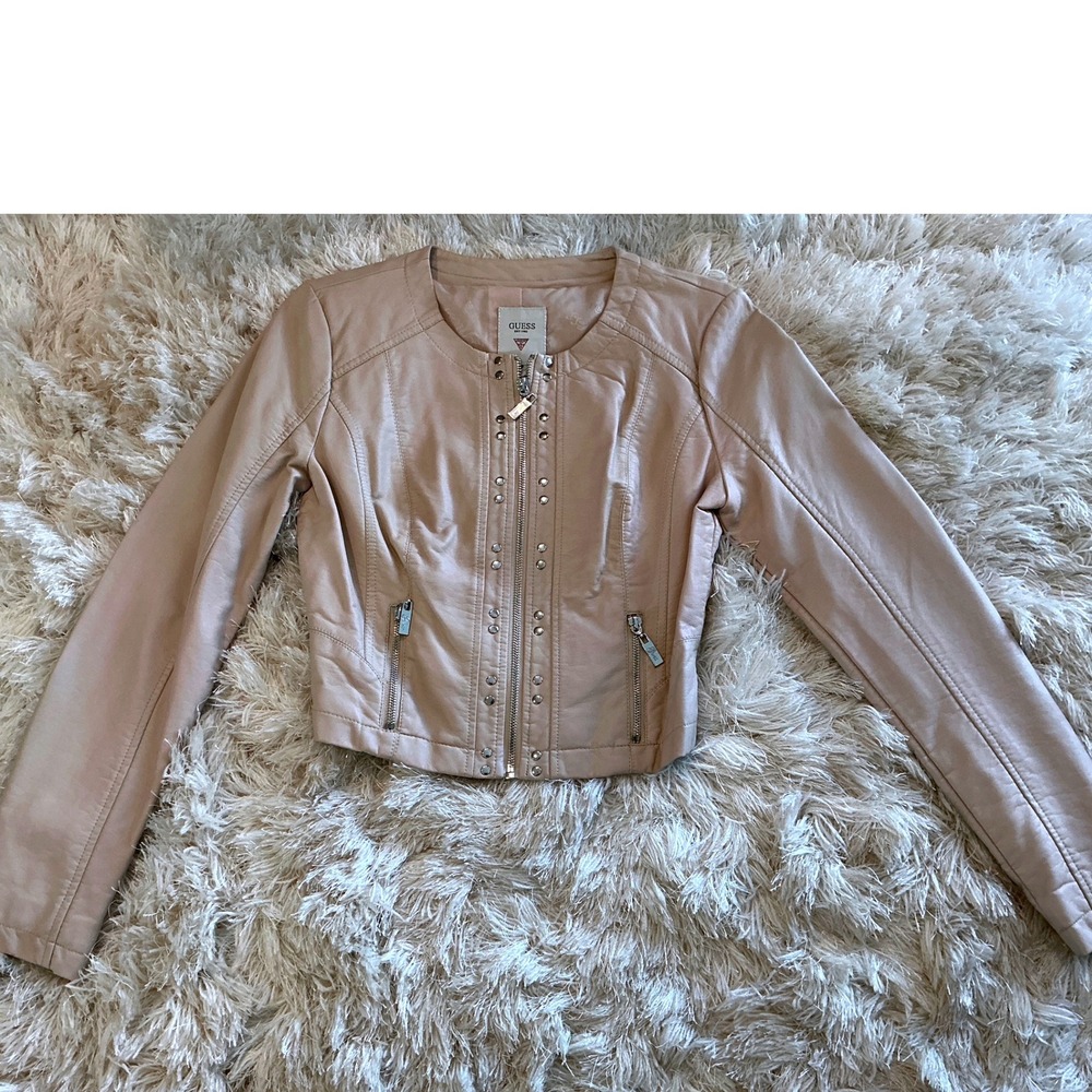 Guess Womens Blush Pink Faux Leather Studded Moto Jacket Q51L01W25M0 Size Small